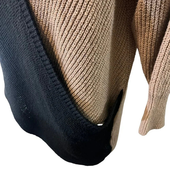SHEIN Knit Knee Length Dress Medium Draped V Neck Black Tan Colorblock Baggy - Picture 5 of 6